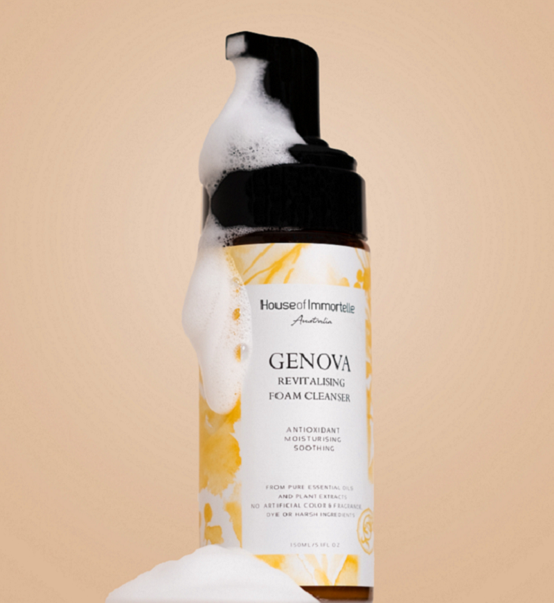 House of Immortelle Genova Revitalising Foam Cleanser in a sleek bottle, offering a gentle, foaming formula that deeply cleanses and refreshes the skin. Infused with revitalizing ingredients, this cleanser leaves the skin feeling soft, nourished, and rejuvenated