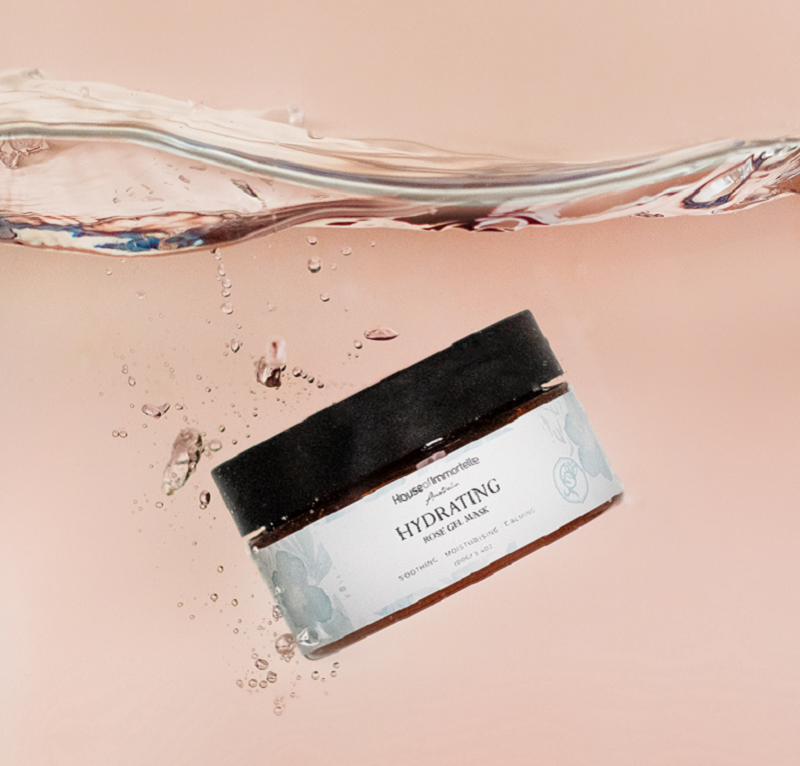 House of Immortelle Bestseller Hydrating Rose Gel Mask in a jar, featuring a refreshing gel formula infused with rose extract. This mask provides intense hydration and nourishment, leaving the skin feeling plump, radiant, and rejuvenated