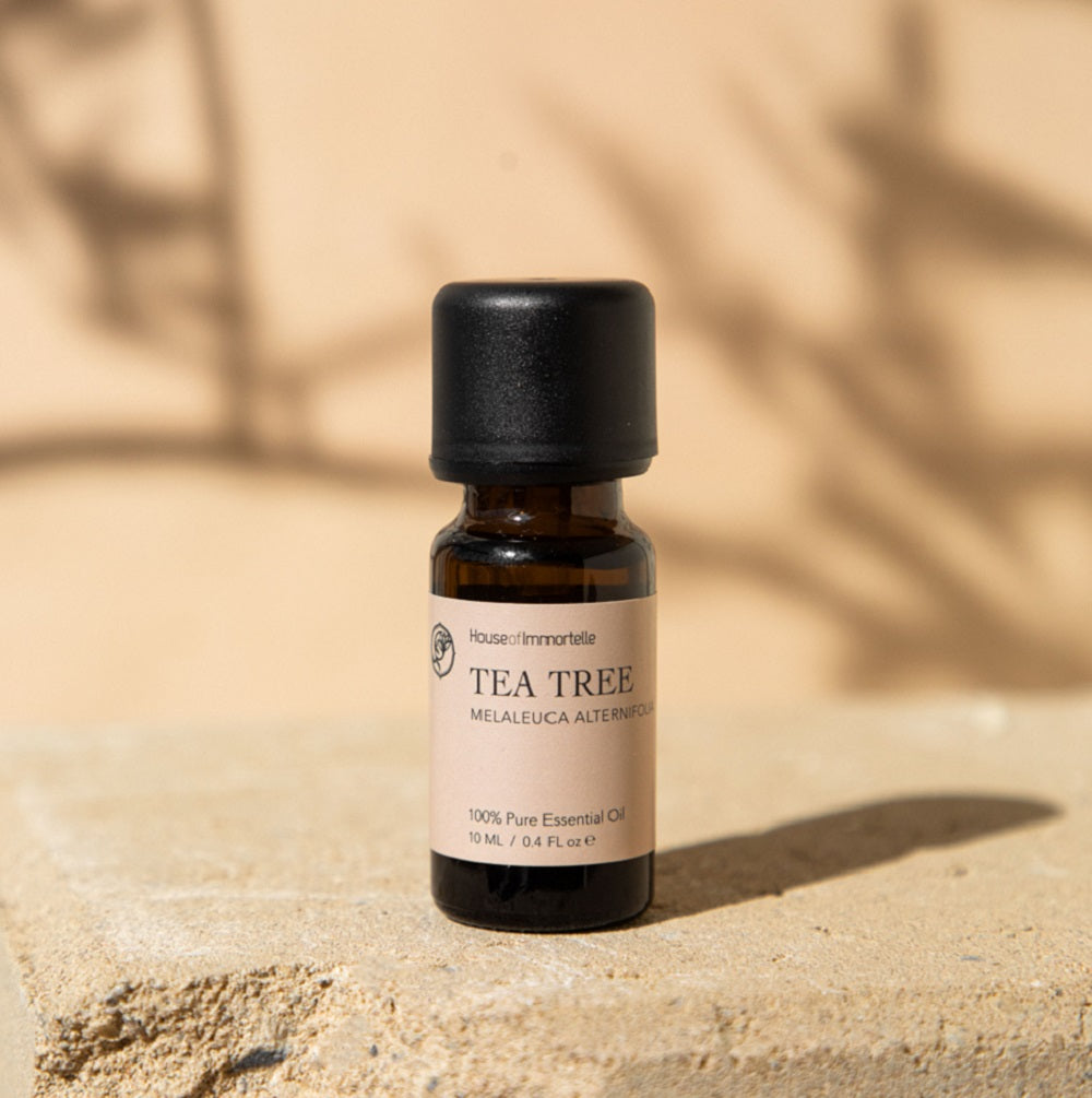 Clear glass bottle of tea tree essential oil with a green label, surrounded by fresh tea tree leaves and a few small droplets of oil, showcasing its refreshing and purifying qualities