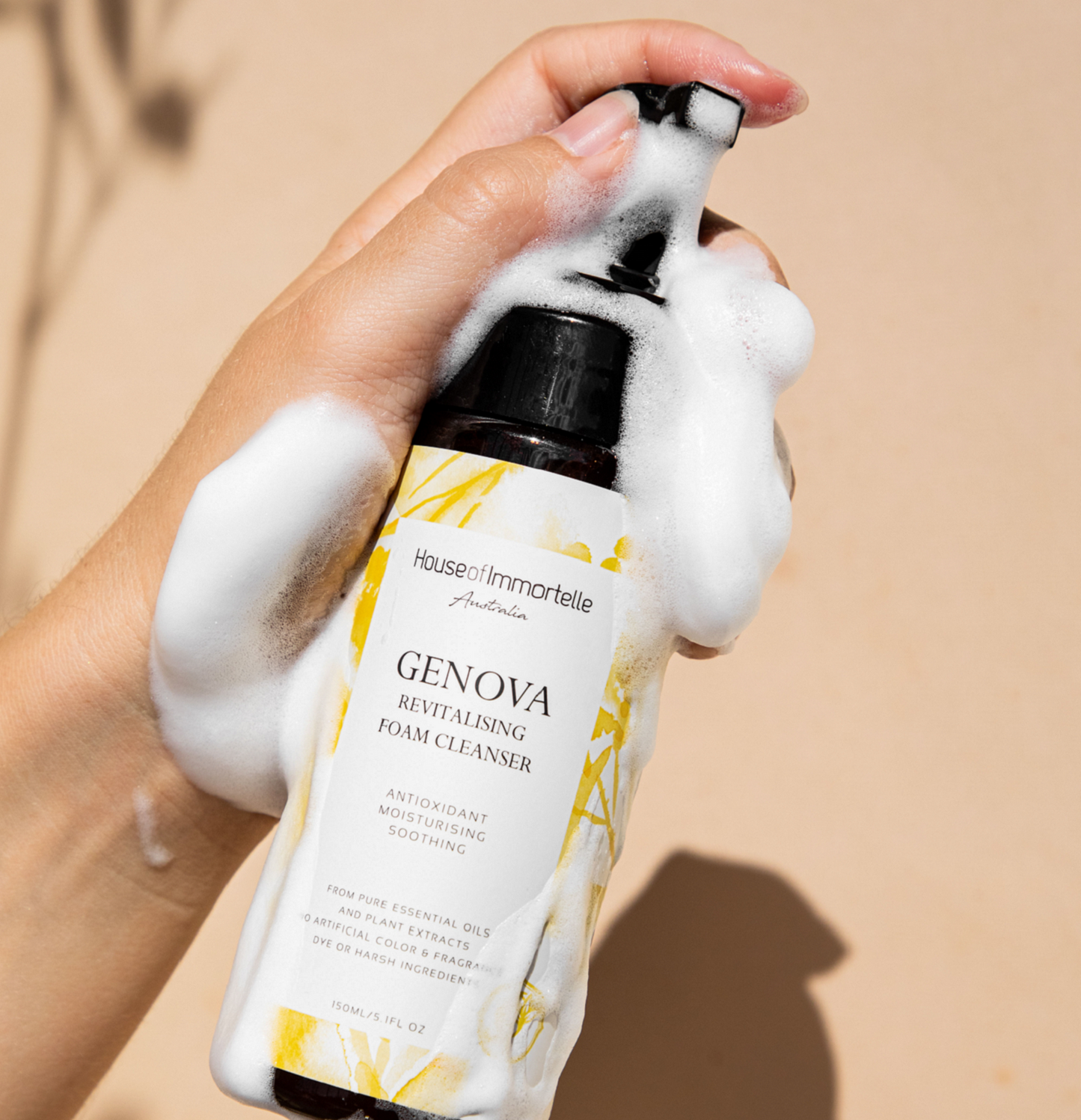 House of Immortelle Genova Revitalising Foam Cleanser in a sleek bottle, offering a gentle, foaming formula that deeply cleanses and refreshes the skin. Infused with revitalizing ingredients, this cleanser leaves the skin feeling soft, nourished, and rejuvenated