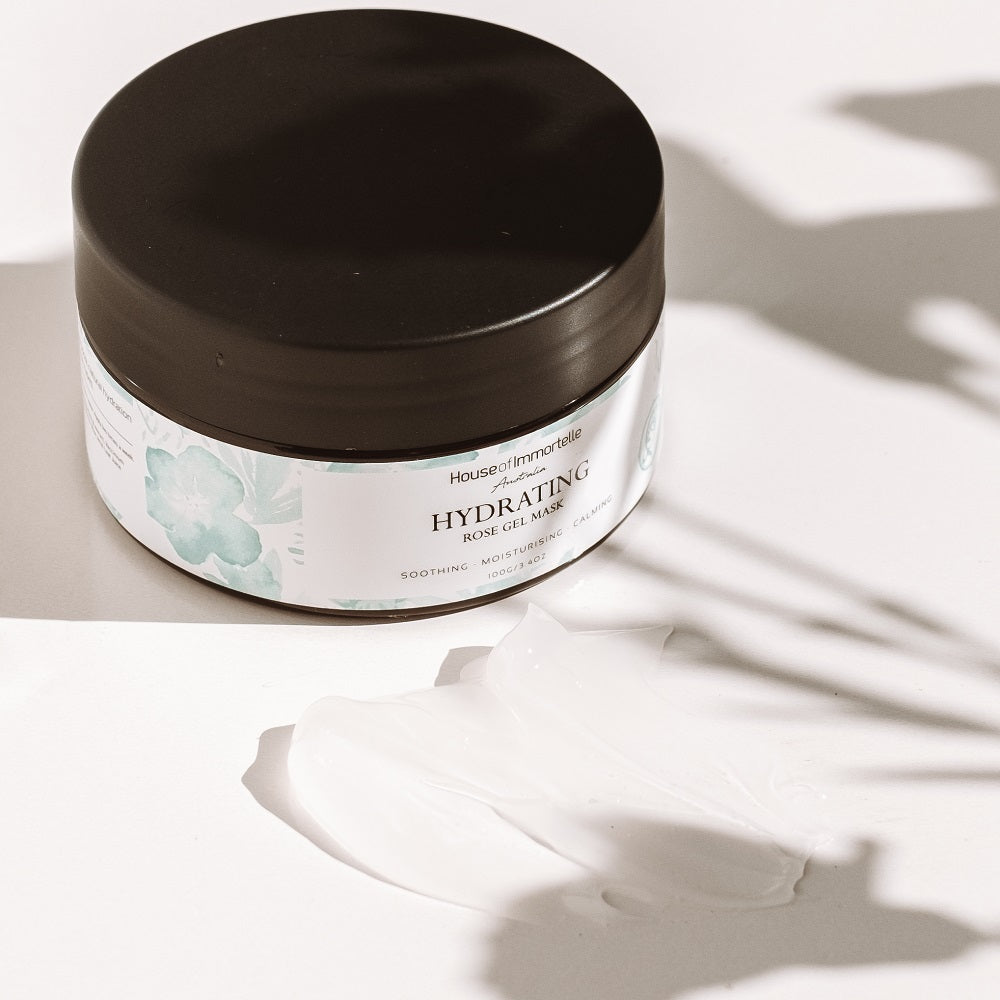 House of Immortelle Bestseller Hydrating Rose Gel Mask in a jar, featuring a refreshing gel formula infused with rose extract. This mask provides intense hydration and nourishment, leaving the skin feeling plump, radiant, and rejuvenated