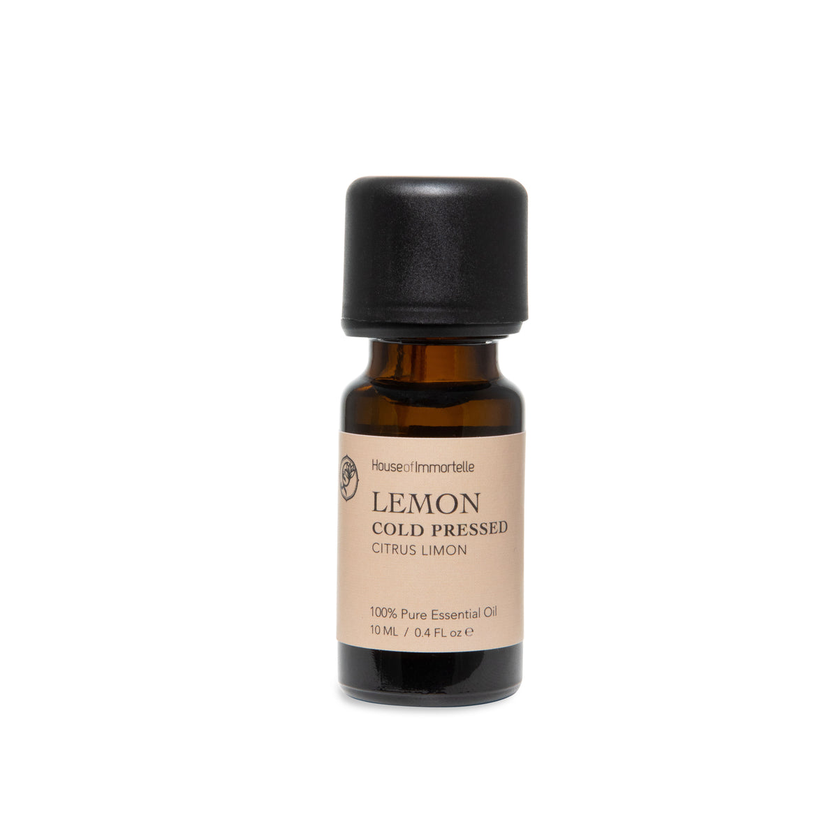 100% pure cold-pressed lemon essential oil in an amber glass bottle for uplifting aromatherapy and home use.