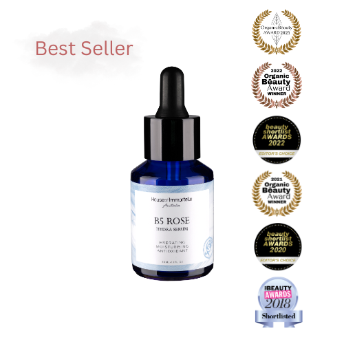 House of Immortelle B5 Rose Hydra Serum, award-winning Australian hydrating serum with vitamin B5 and rose hydrosol for dehydrated and sensitive skin.