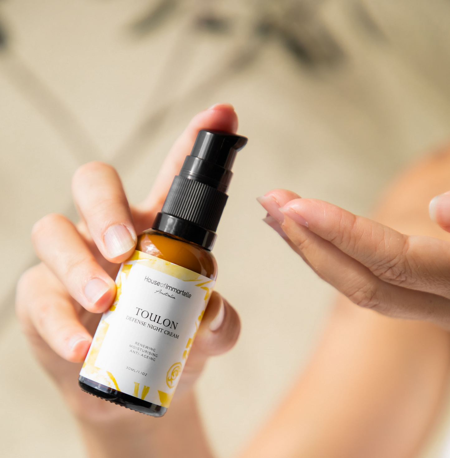 House of Immortelle Toulon Defense Night Cream in a luxurious jar, formulated to hydrate and repair the skin overnight. Rich in nourishing ingredients, this night cream helps to rejuvenate and protect the skin, leaving it smooth and revitalized by morning