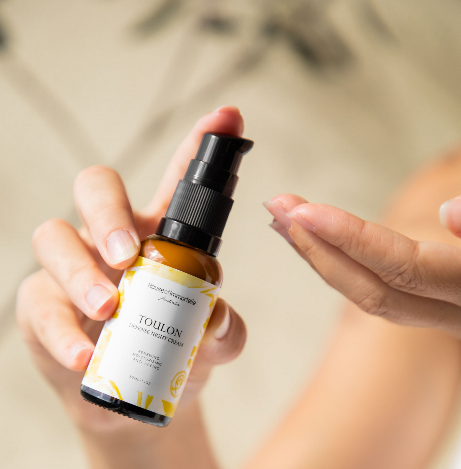 House of Immortelle Toulon Defense Night Cream in a luxurious jar, formulated to hydrate and repair the skin overnight. Rich in nourishing ingredients, this night cream helps to rejuvenate and protect the skin, leaving it smooth and revitalized by morning