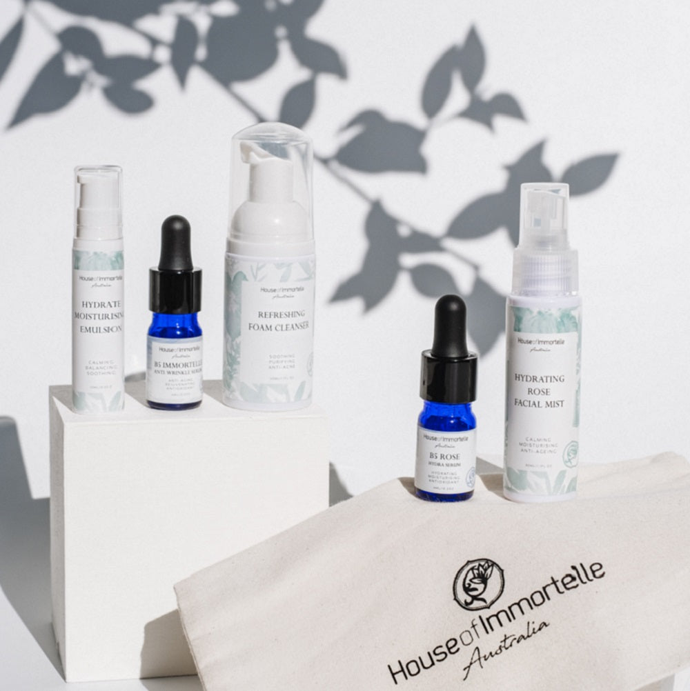 House of Immortelle 5-Piece Hydration Starter Kit for combination to oily skin.