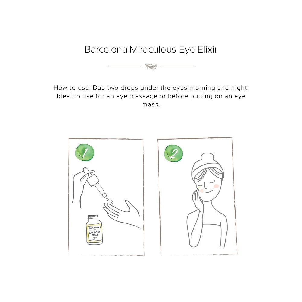 A rejuvenating Barcelona Miraculous Eye Elixir by House of Immortelle, formulated to reduce puffiness, dark circles, and fine lines around the delicate eye area. Its lightweight, soothing formula refreshes and revitalizes, leaving the eyes looking brighter and more youthful. Packaged in an elegant, travel-friendly bottle for daily use