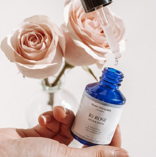 B5 Rose Hydra Serum by House of Immortelle, an oil-free hydrating serum with vitamin B5 and rose hydrosol to replenish dehydrated skin.